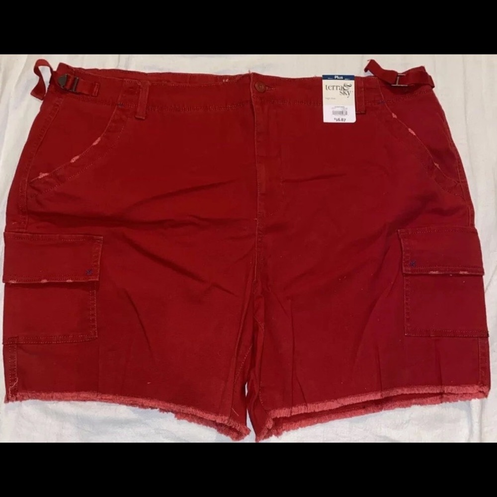 Terra & Sky Women's Plus Denim Utility Shorts Size 22W Rustic Red Frayed Hem